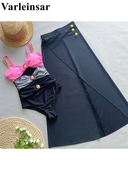 Damen Badeanzug Spleiß Cut-Out Rock gerüscht Einteiler Monokini