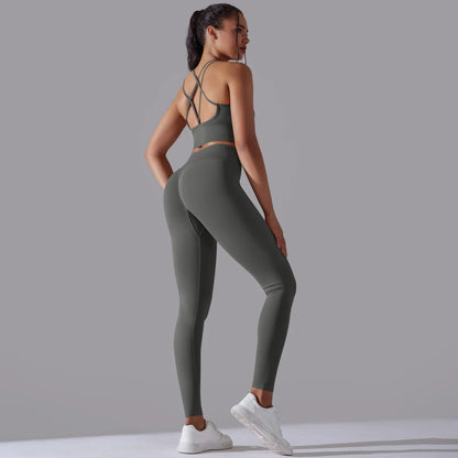 Dunkelgraues nahtloses Yoga-Set: Tanktop mit Rückenriemen, Leggings mit breitem Bund