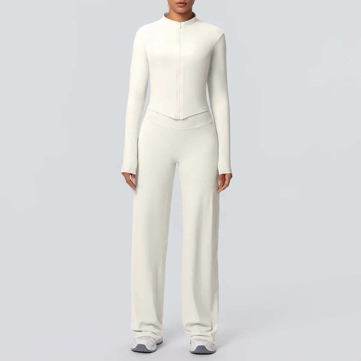 2-teiliges Yoga-Set in Hellbeige: Zip-Top mit langen Ärmeln und weite Hose