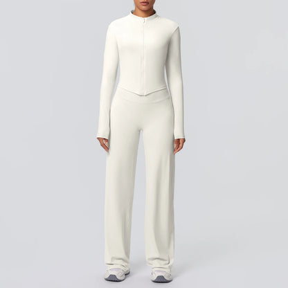 2-teiliges Yoga-Set in Hellbeige: Zip-Top mit langen Ärmeln und weite Hose