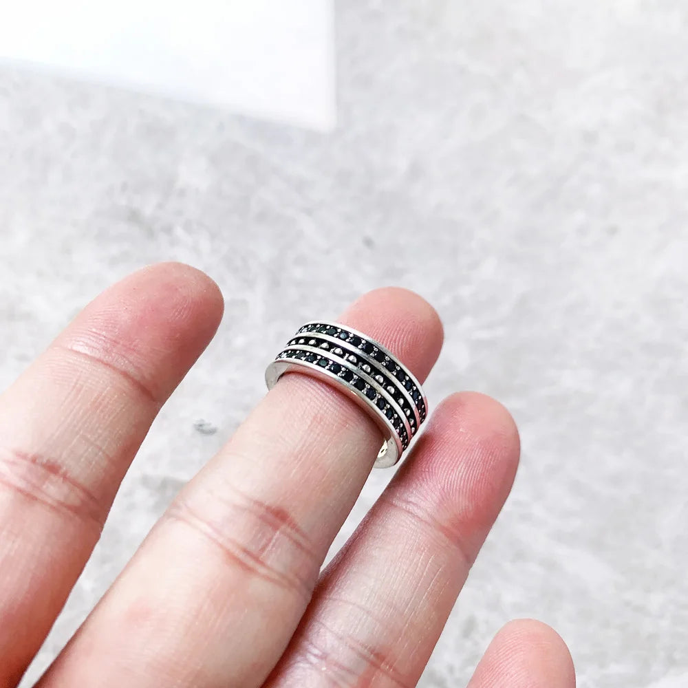 Damen-Bandring schwarzes Zirkonia-Pavé Vintage aus Sterlingsilber