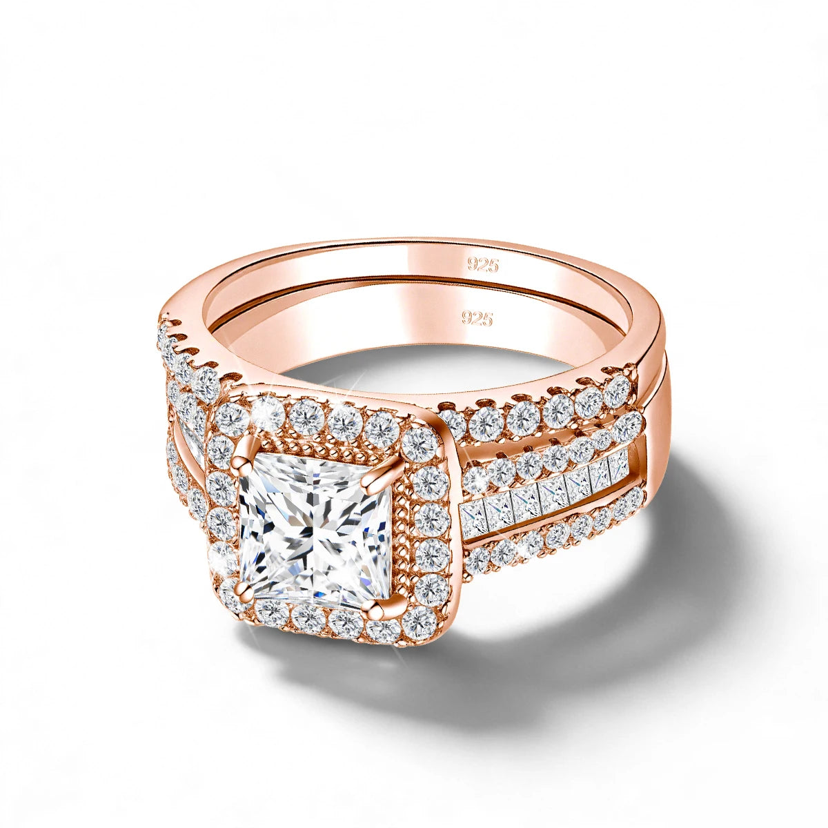 Damen-2er-Verlobungsring-Set aus 925-Silber mit Moissanit im Prinzessin-Schnitt Halo-Design