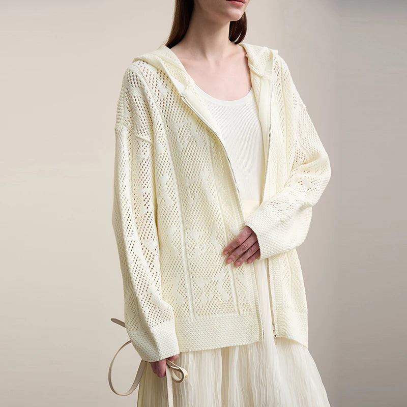 Damen-Strickjacke Kapuze Jacquard Hohlstrick Doppelreißverschluss locker Frühling