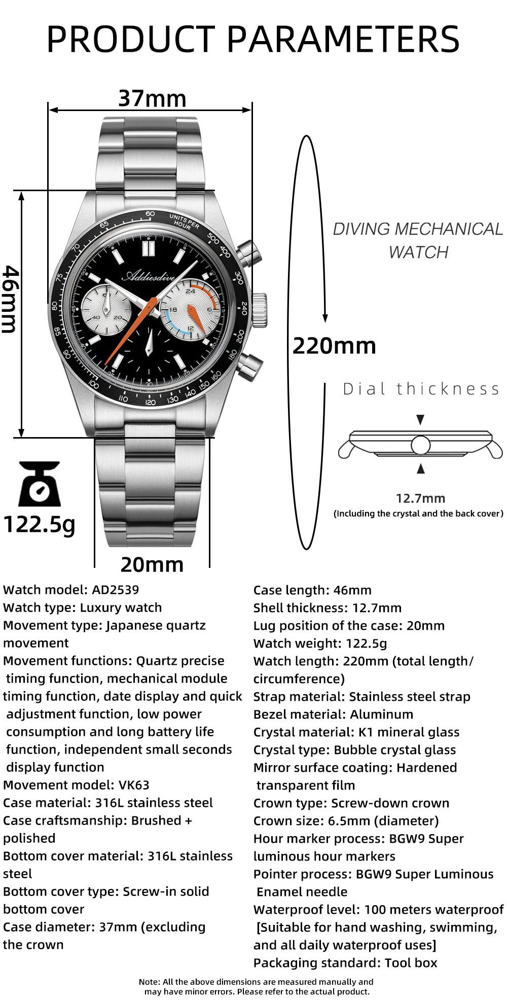 ADDIESDIVE 37mm Men Watch AD2539 BGW9 Super Luminous Chronograph Watch Bubble Mirror Glass 10Bar Waterproof VK63 Quartz Watches