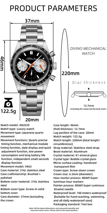 ADDIESDIVE 37mm Men Watch AD2539 BGW9 Super Luminous Chronograph Watch Bubble Mirror Glass 10Bar Waterproof VK63 Quartz Watches