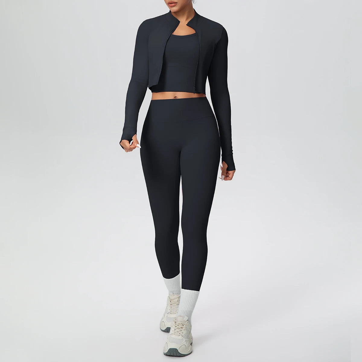 Schwarzes Yoga-Set mit Reißverschluss-Top und High-Waist Leggings