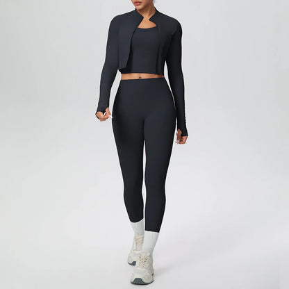 Schwarzes Yoga-Set mit Reißverschluss-Top und High-Waist Leggings