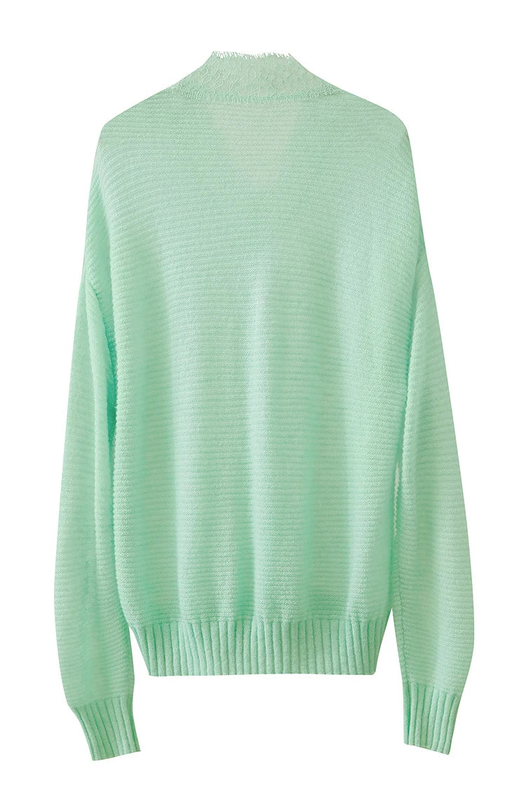 Damen V-Ausschnitt Pullover Mohair Spitze locker mittellang Frühling