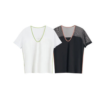 Damen T-Shirt im Minimalismus-Stil mit V-Ausschnitt und Kontrastnähten