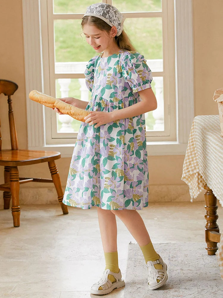 Kurzes Mädchen-Kleid mit Puffärmeln und Cheongsam-Design, Patchwork aus Gaze in Lila-Blau, mit Perlenknöpfen – für Kinder von 3 bis 12 Jahren.