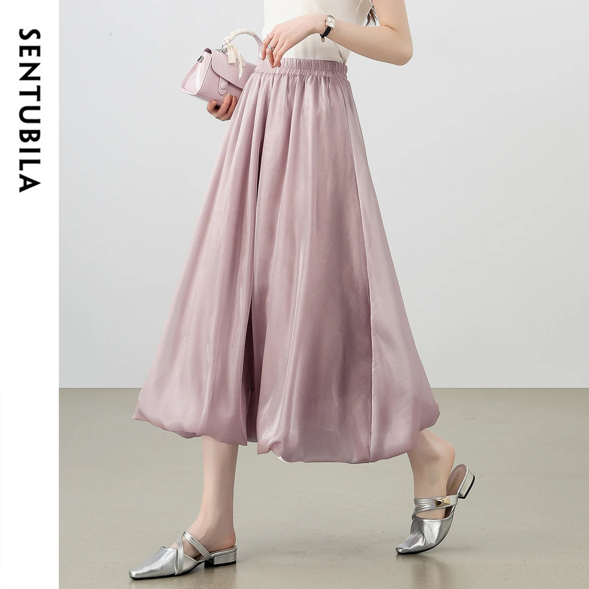 Damen Perlglanzrock im A-Linien Stil mit elastischer Taille für elegante Anlässe