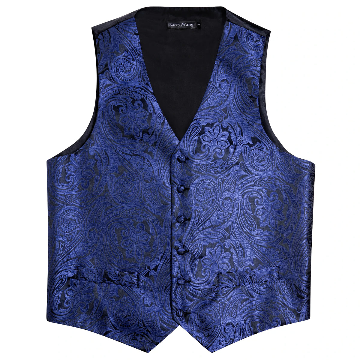 Dunkelblaue Jacquard-Herrenweste mit breitem V-Ausschnitt, Knopfleiste und ornamentigem Muster.