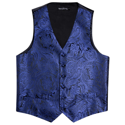 Dunkelblaue Jacquard-Herrenweste mit breitem V-Ausschnitt, Knopfleiste und ornamentigem Muster.