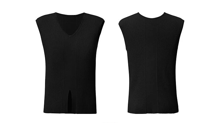 Schwarzer ärmelloser Damenpullover mit V-Ausschnitt und seitlichem Schlitz