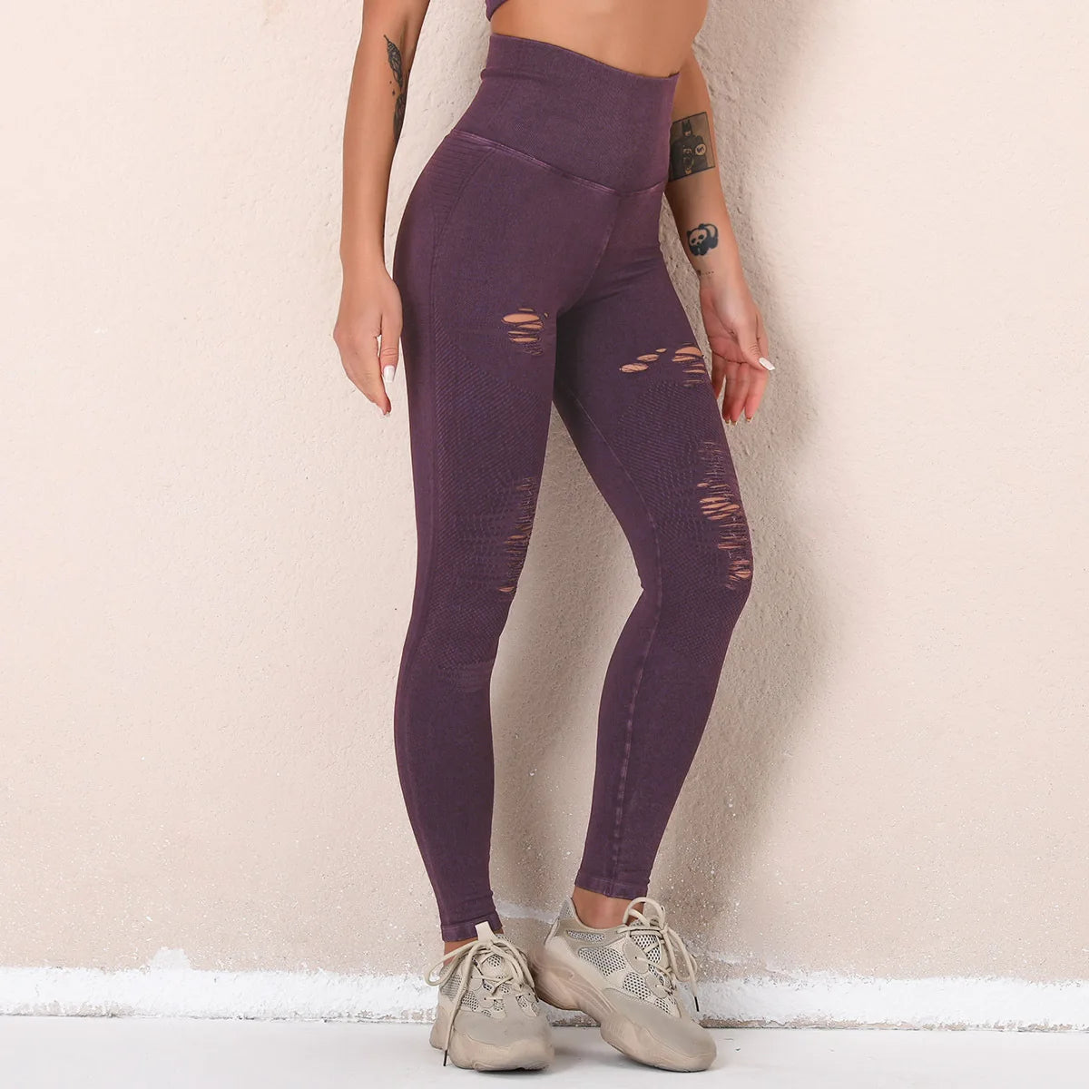 Schnelltrocknende Leggings für Damen Dunkellila mit Cut-outs am Oberschenkel und hoher Taille