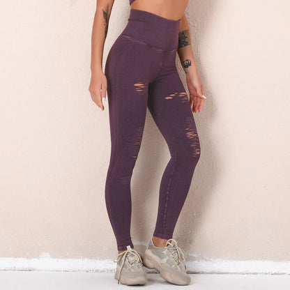 Schnelltrocknende Leggings für Damen Dunkellila mit Cut-outs am Oberschenkel und hoher Taille