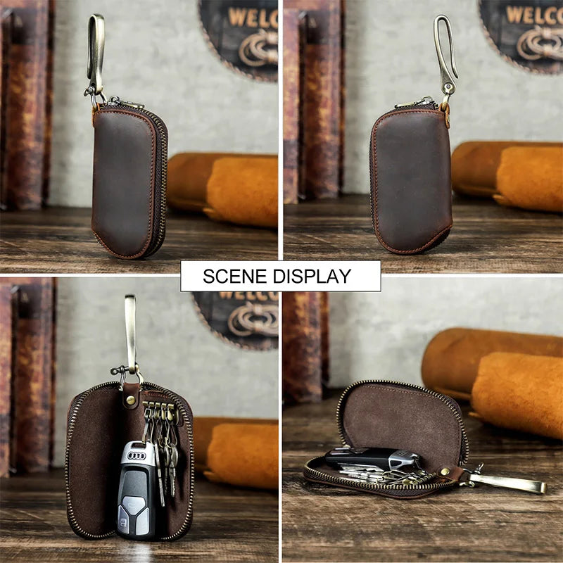 Leder-Schlüsseltasche mit Reißverschluss und Metallhaken, dunkelbraun