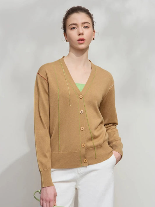 Damen-Strickjacke V-Ausschnitt Patchwork Raglan Wolle-Mix Herbst
