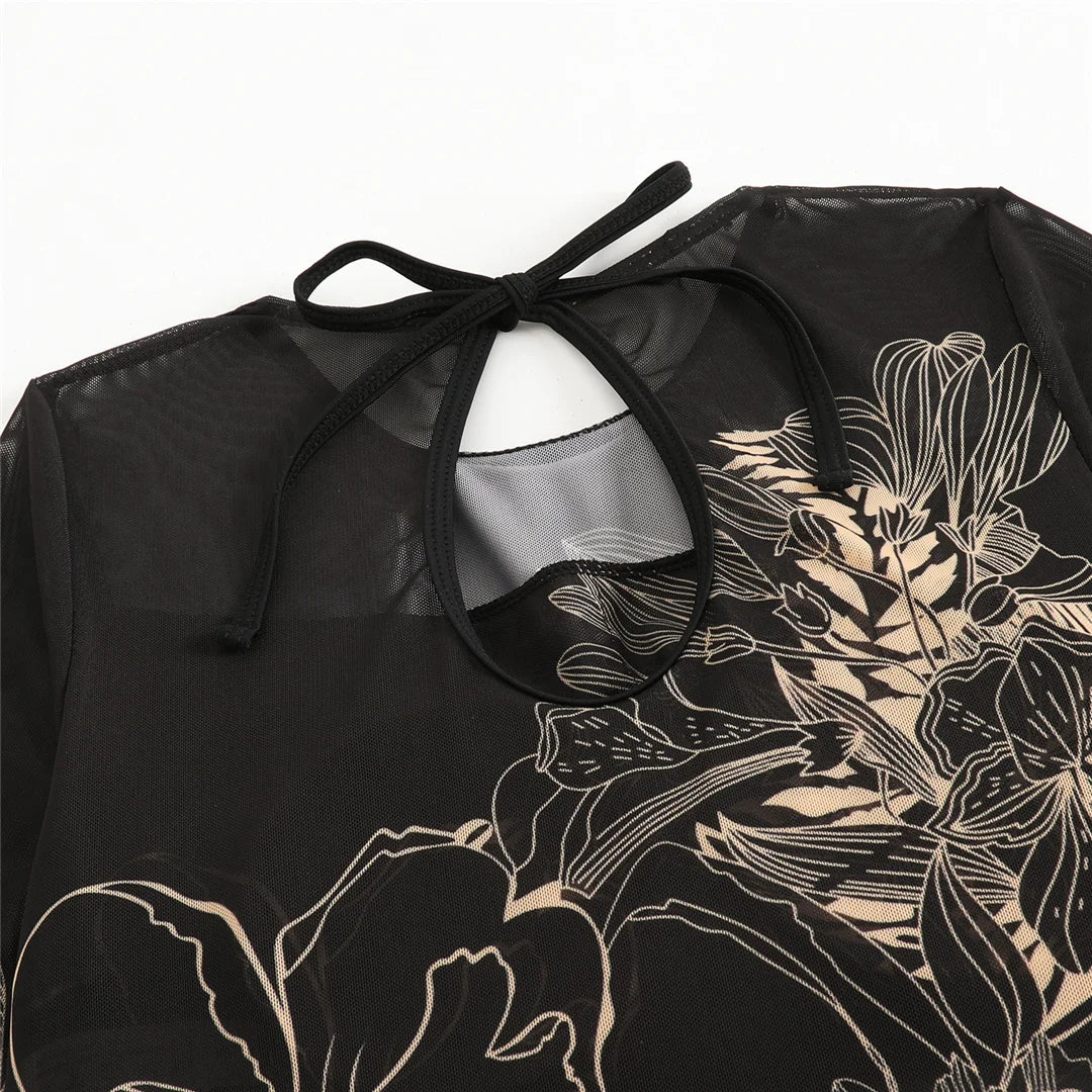 Damen-Badeanzug Blumen Langarm Sarong einteilig gepolstert