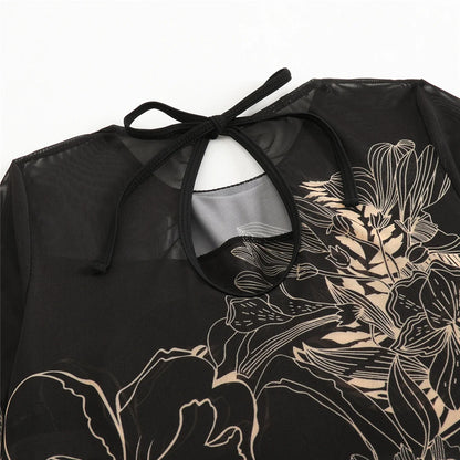Damen-Badeanzug Blumen Langarm Sarong einteilig gepolstert