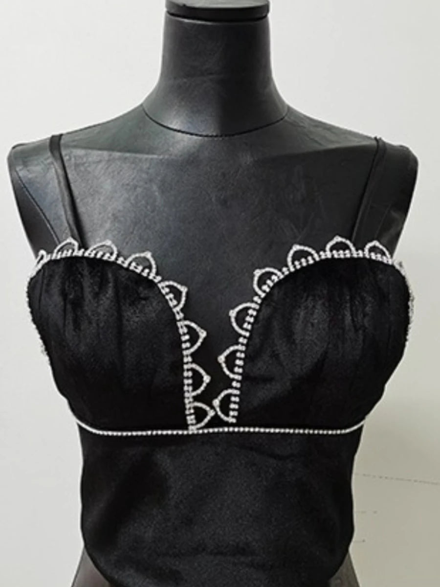 Elegantes Damen-Zweiteiler-Set mit V-Ausschnitt, langen Ärmeln und Perlenverzierung – Patchwork-Top mit Knöpfen und hoch taillierte Hose