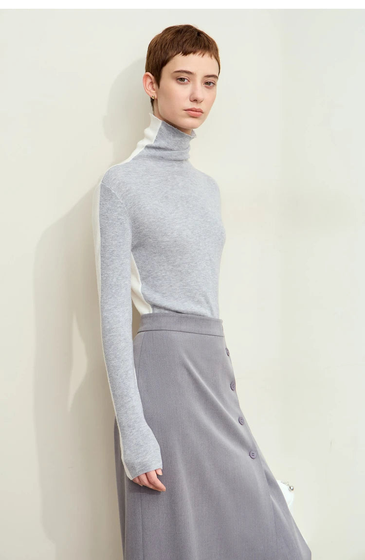 Damen-Rollkragenpullover Wolle-Mix Patchwork schlank Winter