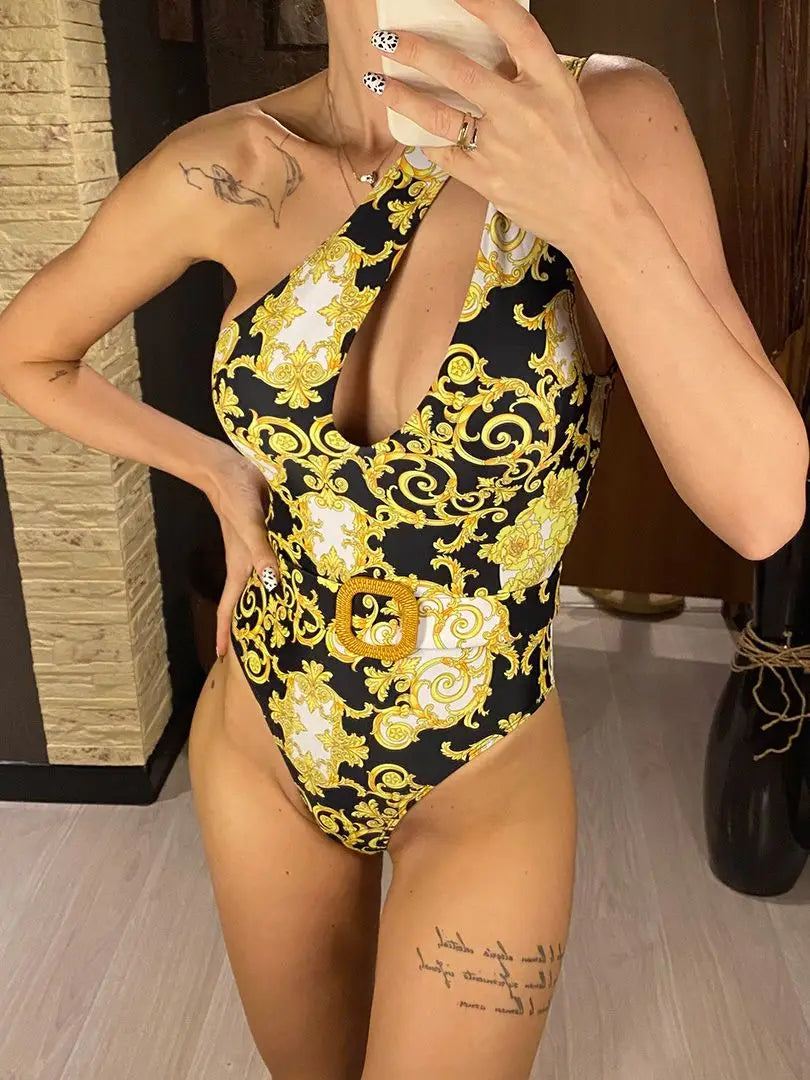 Damen Badeanzug One-Shoulder bedruckt Monokini gepolstert Einteiler