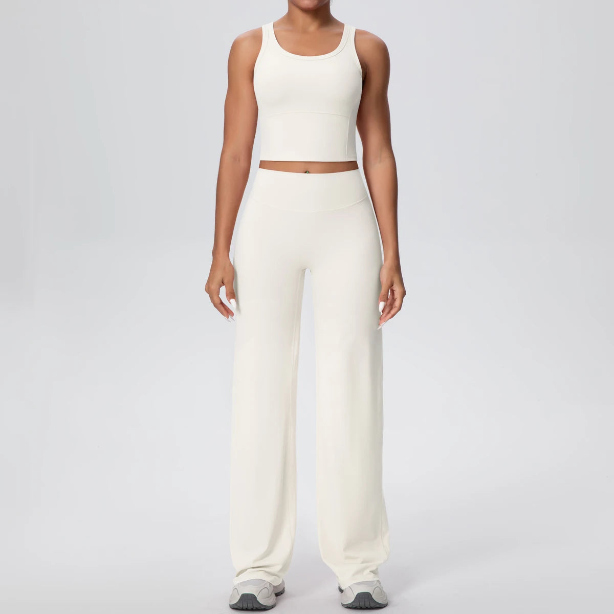 Damen-Yoga-Set aus Crop-Top und weitem Hosenbein, helles Cremeweiß