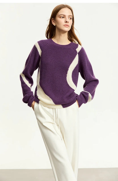 Damen-Rundhalspullover Wolle Yak asymmetrisch Patchwork locker Winter