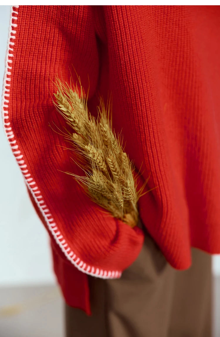 Damen-Rollkragenpullover Wolle Stickerei locker Weihnachten Winter