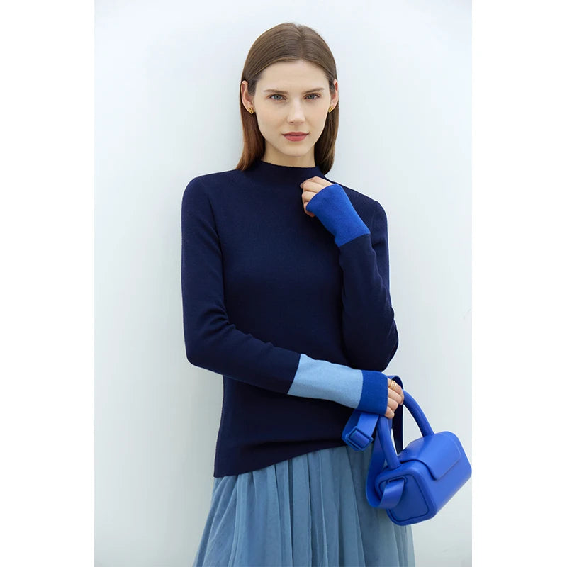 Damen-Halbrollkragen-Pullover Slim Farbkontrast Wolle-Mix Winter