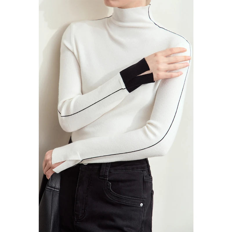 Damen-Rollkragenpullover Farbkontrast Slim Fit Langarm Frühling