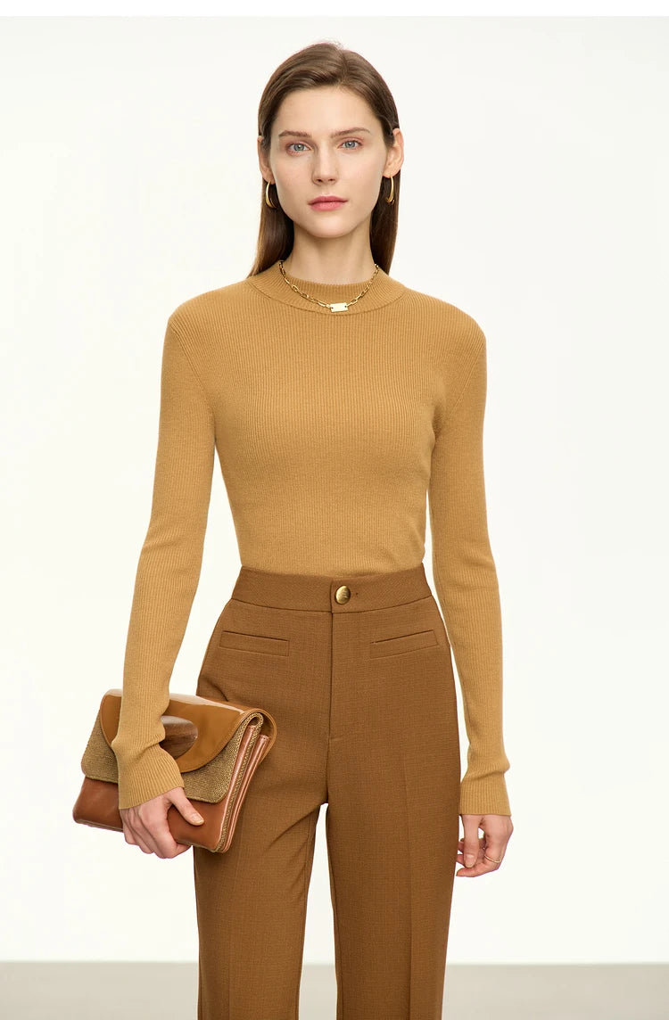 Damen-Pullover mit Stehkragen, karamellbraun, langarm, feines Strickmuster