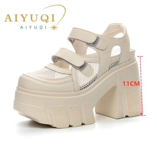 AIYUQI frauen Sandalen Aus Echtem Leder 2025 Neue 11 cm Ferse Hohe Mesh Frauen Sandalen Plattform High Heel Sandalen Frauen