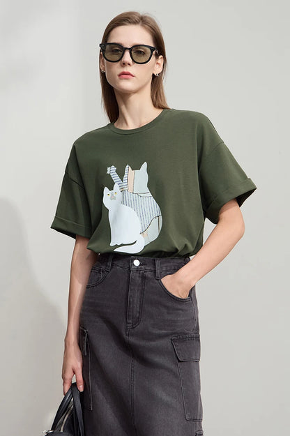 Damen Top im minimalistischen Stil mit O-Ausschnitt und bedrucktem Design