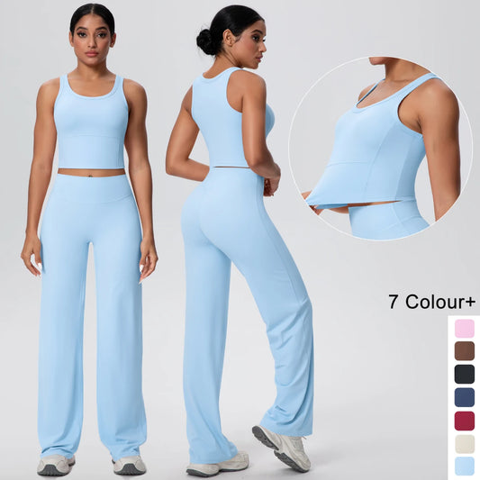 Schnelltrocknendes Yoga-Set mit weitem Tanktop und Schlaghose, Himmelblau
