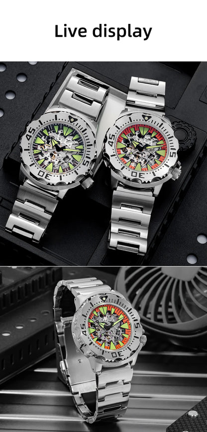 Herren Skeleton-Automatikuhr Saphirglas Edelstahl Leuchtzeiger wasserdicht