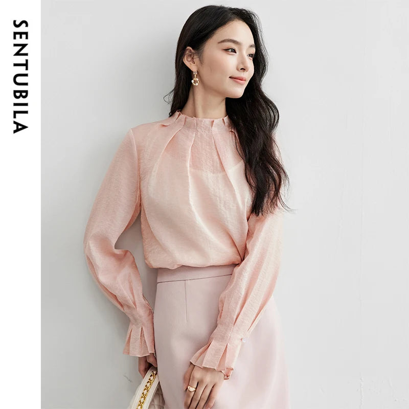 Elegante Vintage-Chiffonbluse mit Print und langen Ärmeln – lockerer Schnitt für Frühling und Herbst