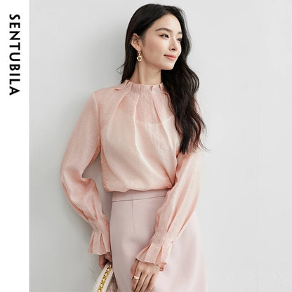 Elegante Vintage-Chiffonbluse mit Print und langen Ärmeln – lockerer Schnitt für Frühling und Herbst