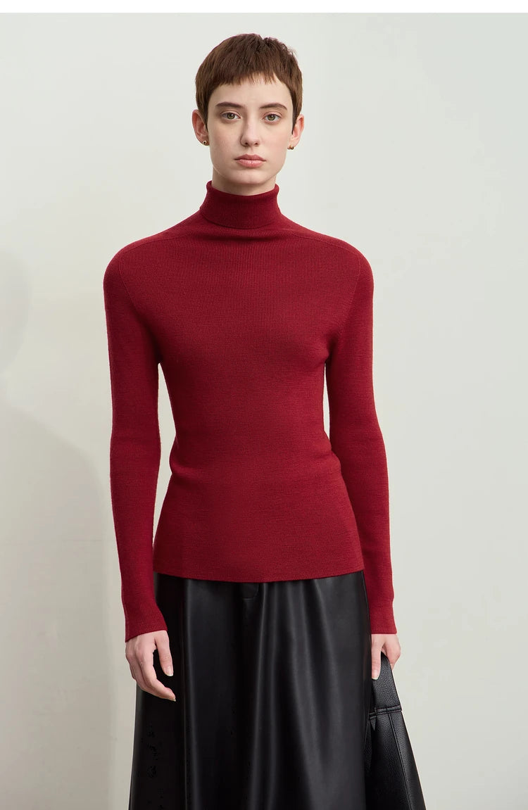 Damen-Rollkragenpullover 100 % Wolle Kammgarn schlank Winter