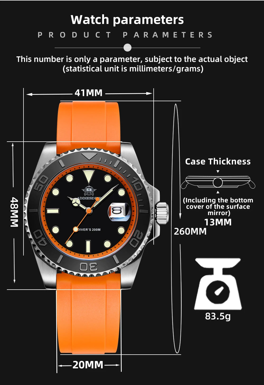 ADDIESDIVE 41mm AD2040 Sports Diver Watch TPU rubber belt Blue Luminous Reloj Hombre 200m Waterproof Quartz Watches