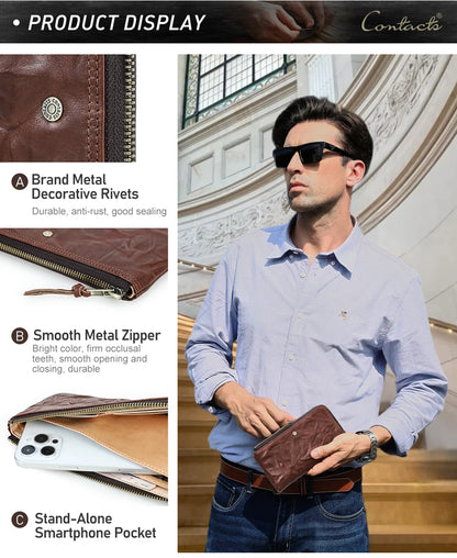 Herren Echtleder Lange Geldbörse Vintage RFID Handyfach 8 Kartenfächer Geschenk