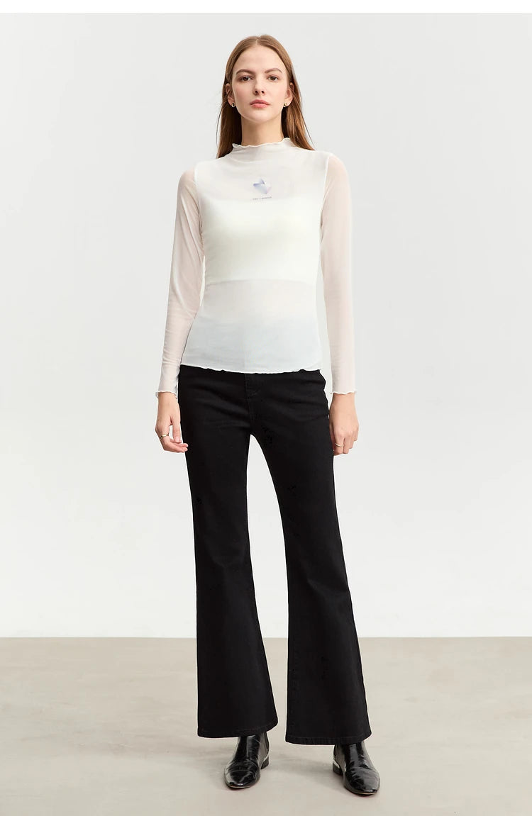 Damen T-Shirt aus gedrucktem Mesh mit slim-fit Halb Stehkragen