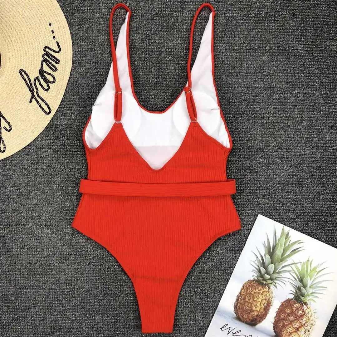 Damen-Badeanzug gerippt High-Cut Gürtel Monokini 6 Farben