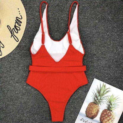Damen-Badeanzug gerippt High-Cut Gürtel Monokini 6 Farben