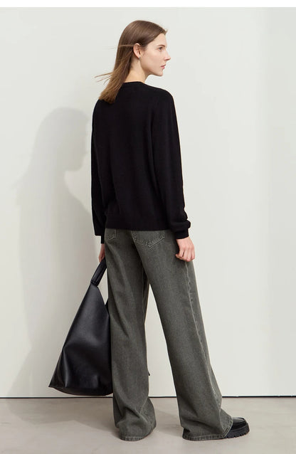 Damen-Rundhalspullover Wolle-Kaschmir nahtlos Streetwear Herbst-Winter