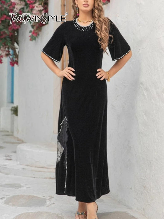 Elegantes Damen-Patchwork-Kleid mit Diamantmuster, Reverskragen und langen Ärmeln – figurbetont und einreihig.