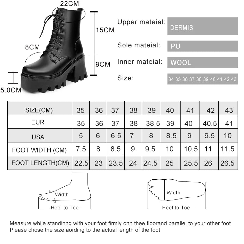 Größentabelle für Stiefeletten: Maßangaben und Materialübersicht (Dermis, PU, Wolle)