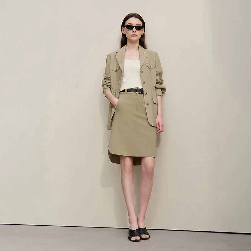 Khaki A-Linienrock mit Seitenschlitz und Gürteloptik am Bund