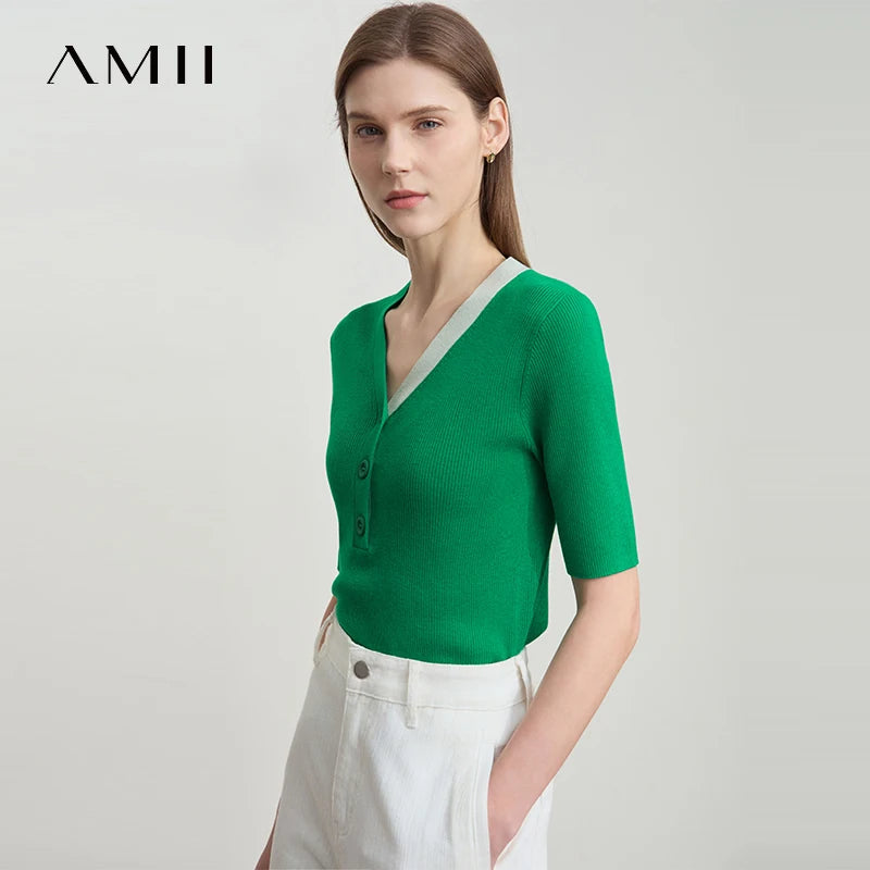 Damen-Strickpullover grün mit V-Ausschnitt und Knopfleiste, halber Ärmel
